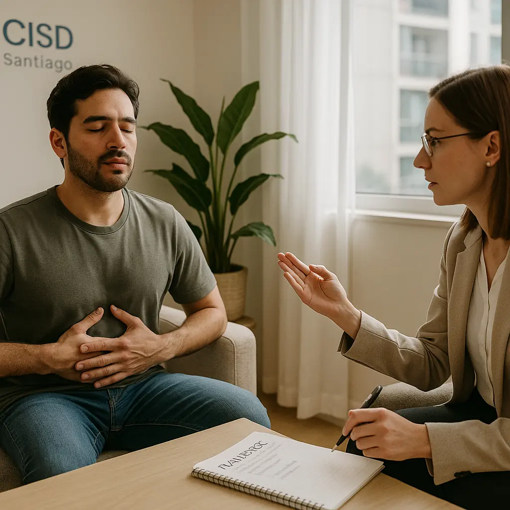 Consulta de psicoterapia para ansiedad y estrés en CISD, adulto realizando ejercicios de respiración en Santiago