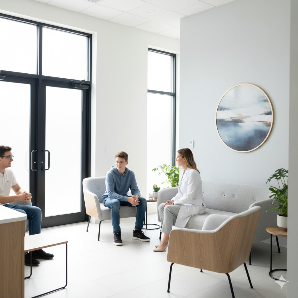 Sesión de psicología en un espacio clínico acogedor