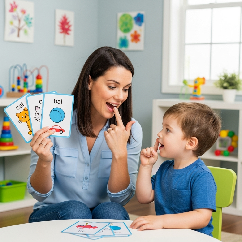 Sesión de fonoaudiología infantil con tarjetas de articulación