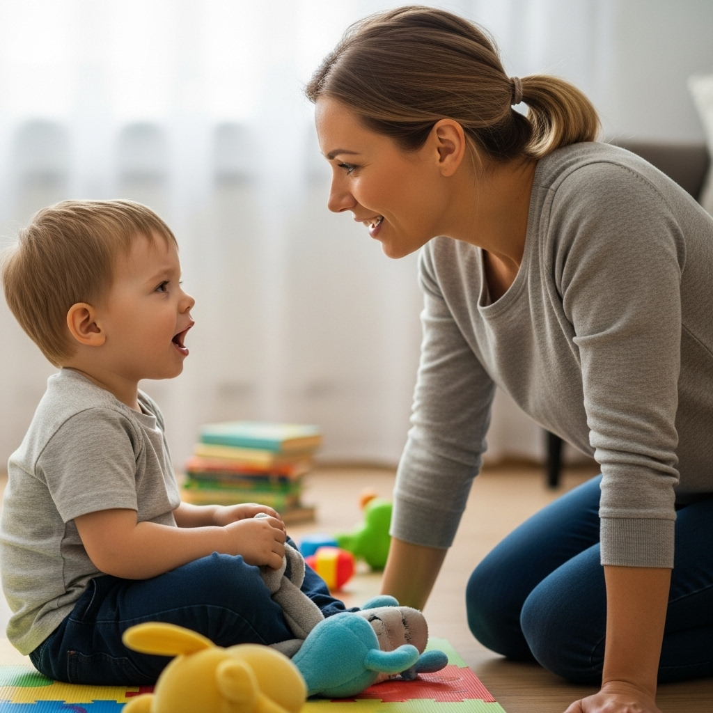 Madre practicando palabras objetivo con su hijo en el hogar
