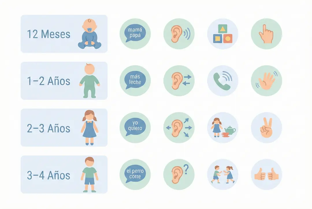 Ilustración de varios niños pequeños mostrando distintas etapas del desarrollo del lenguaje y uso de gestos.