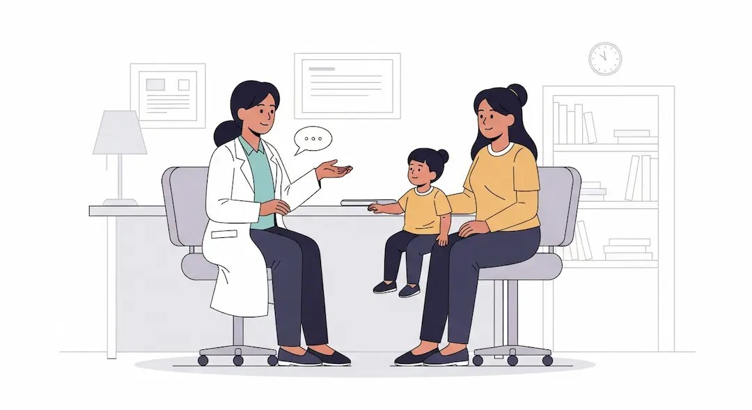 Madre, hijo pequeño y fonoaudióloga infantil conversando en una consulta por retraso del lenguaje o posible autismo.