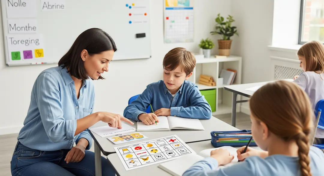 Docente apoyando a un niño con Trastorno del Desarrollo del Lenguaje en la sala de clases.