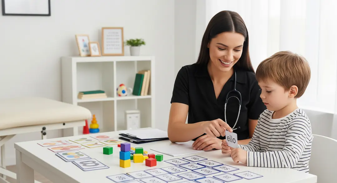 Evaluación del Trastorno del Desarrollo del Lenguaje en niña pequeña en sesión de fonoaudiología infantil.