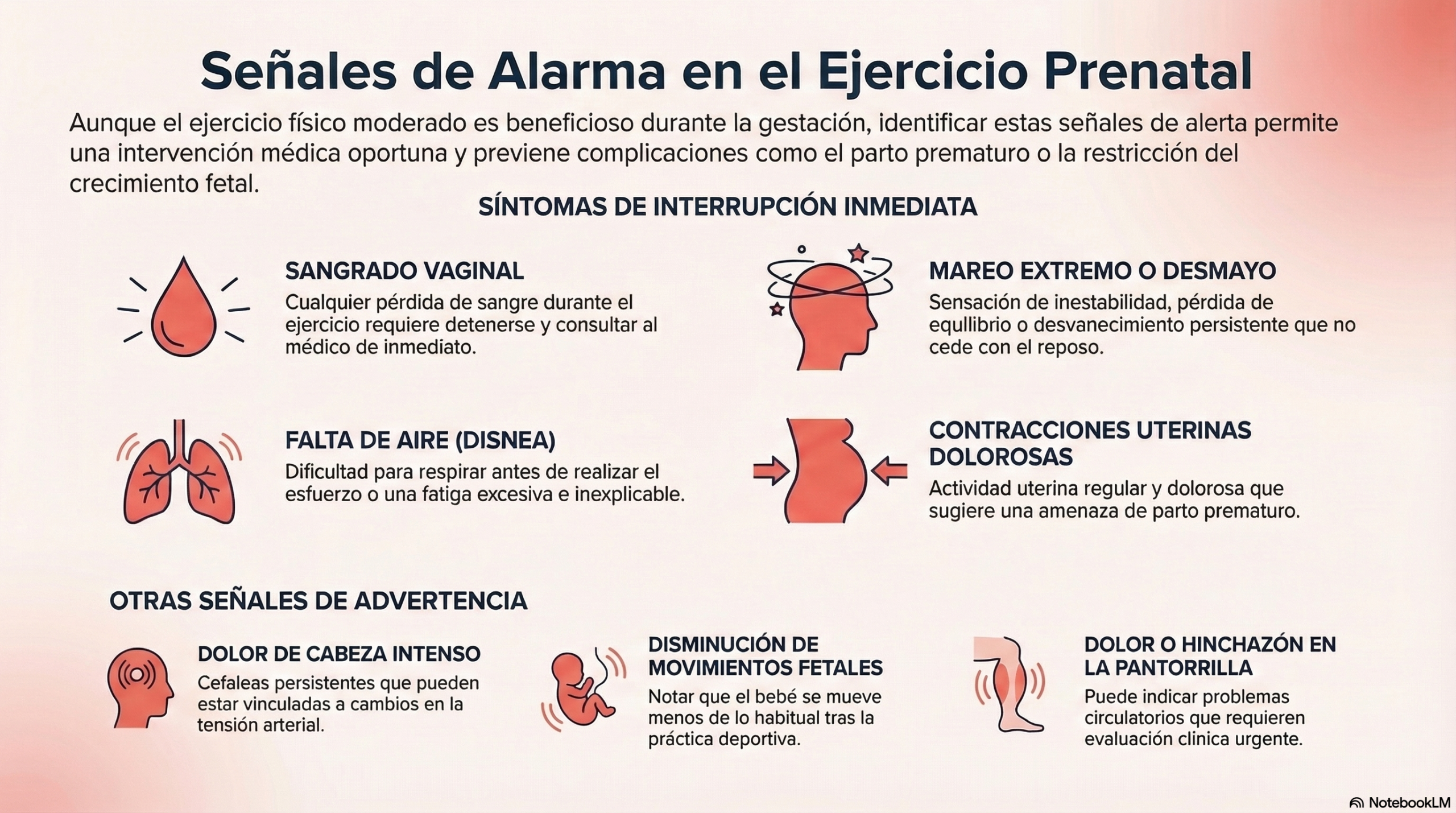 Infografía del semáforo rojo con señales de alarma en el ejercicio prenatal