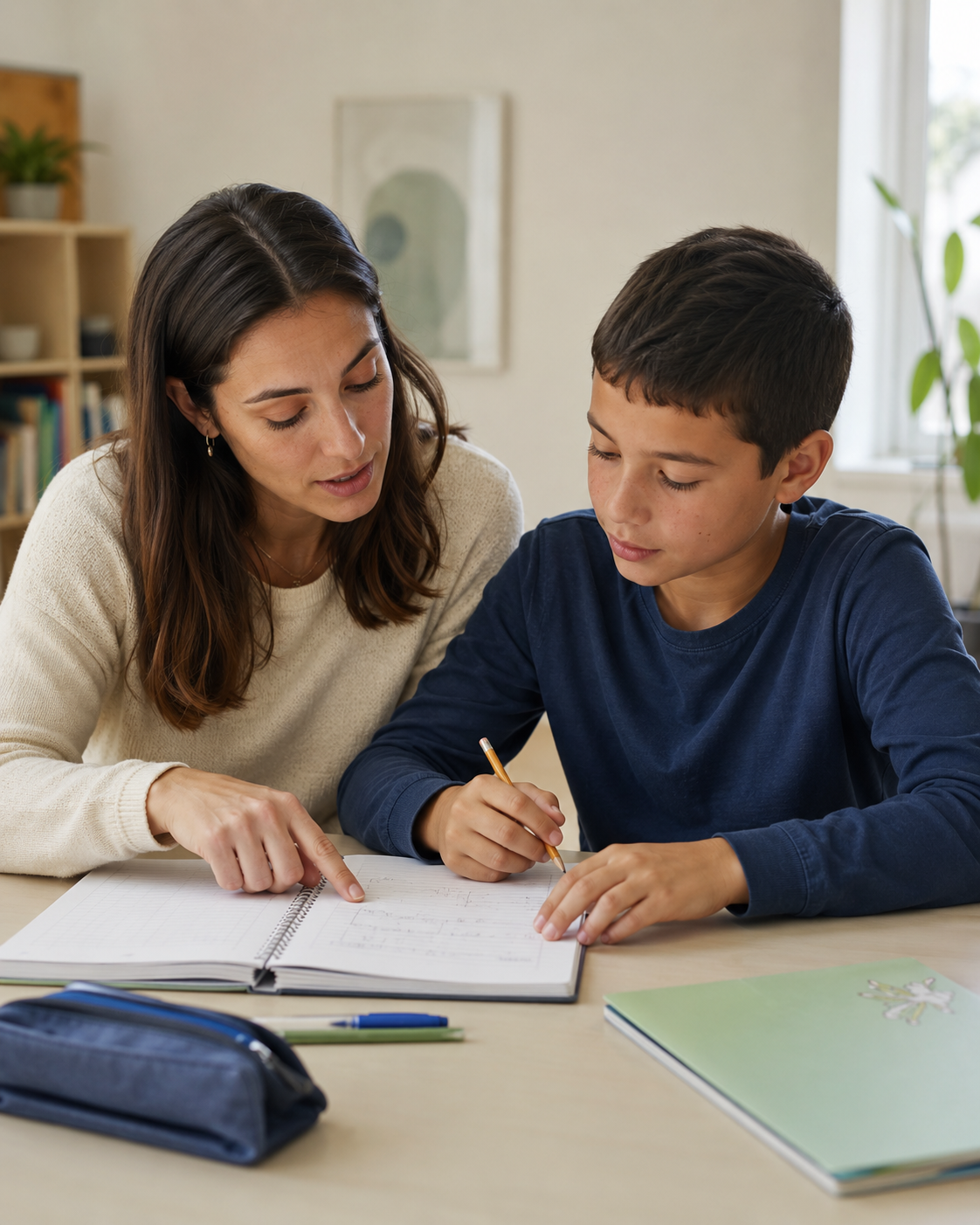 Psicopedagoga acompañando a un estudiante durante una actividad de aprendizaje