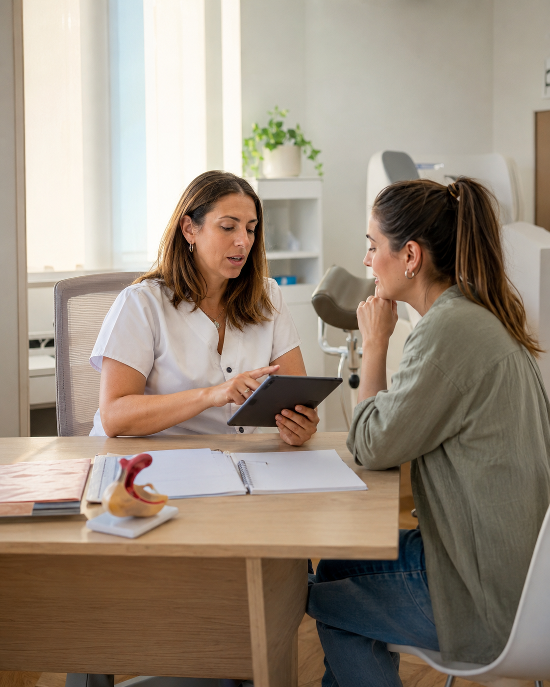 Matrona conversando con una paciente adulta durante una consulta