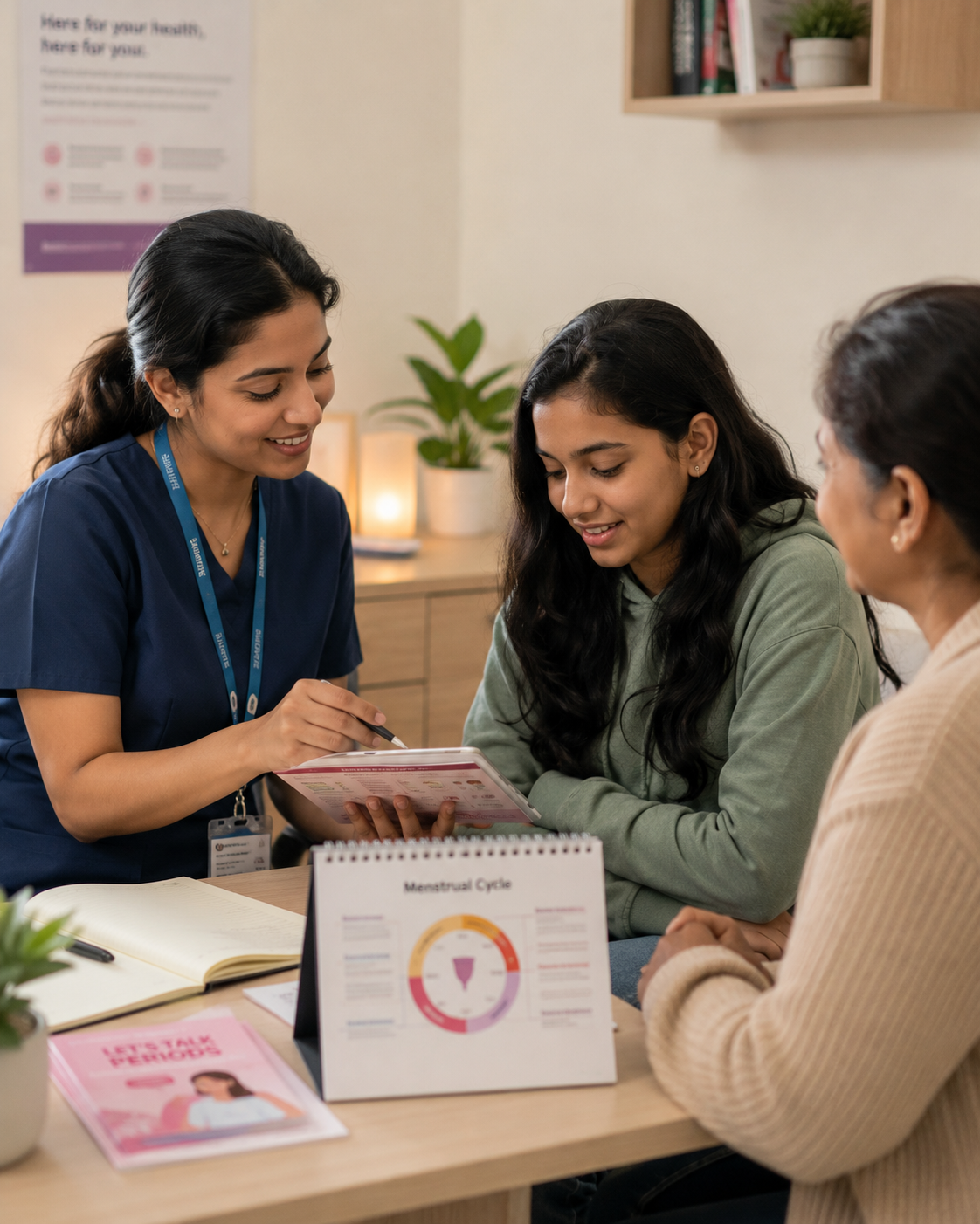 Matrona conversando con una adolescente durante una teleconsulta de salud menstrual y sexual