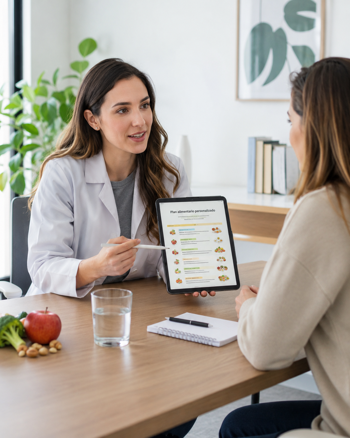 Nutricionista explicando un plan alimentario personalizado durante una consulta
