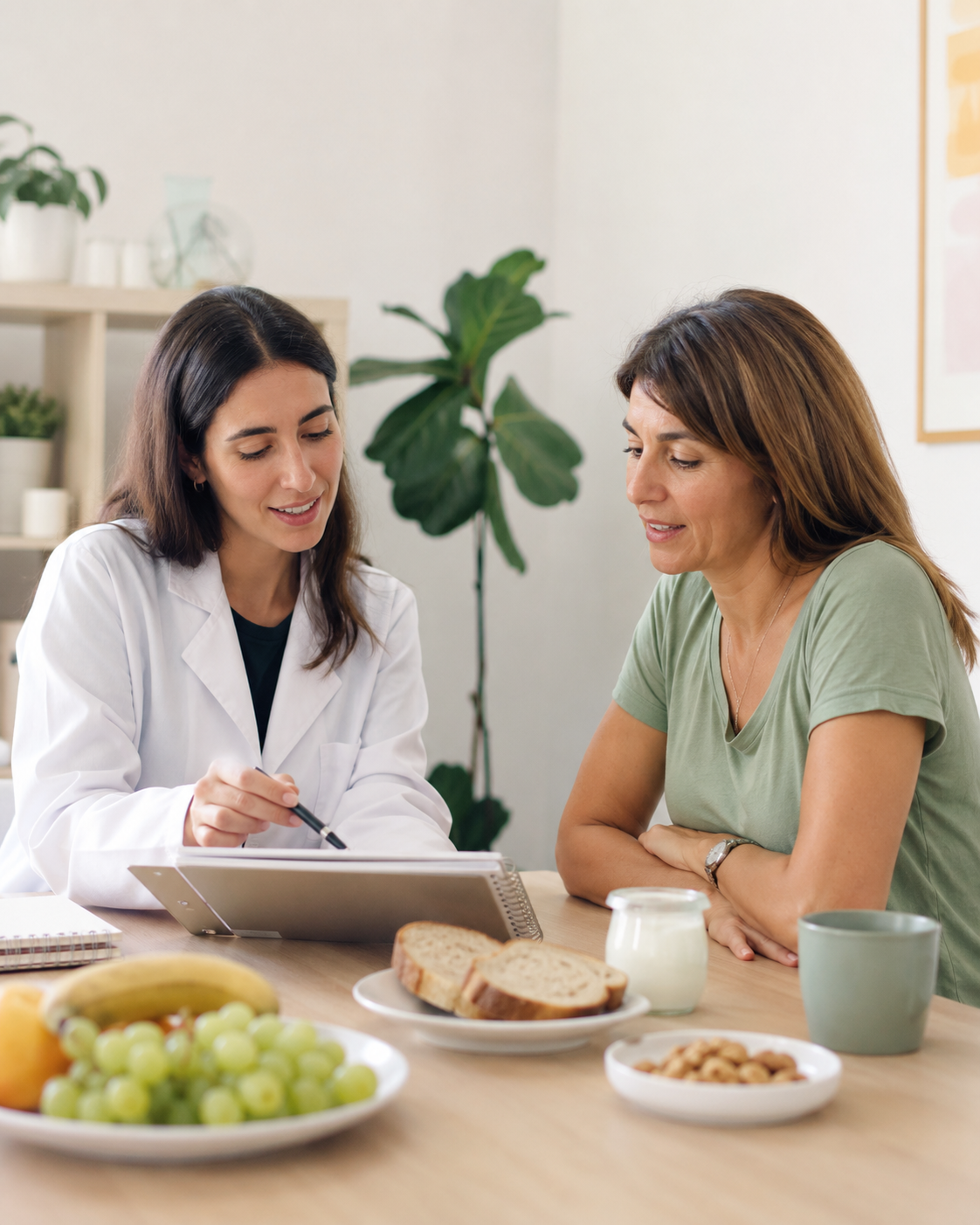 Nutricionista conversando con una paciente adulta durante una consulta