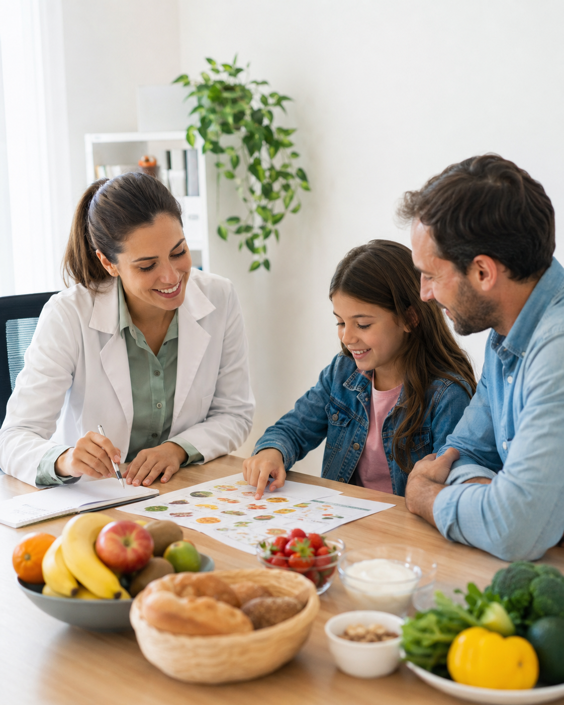 Nutricionista trabajando educación alimentaria con una niña y su familia