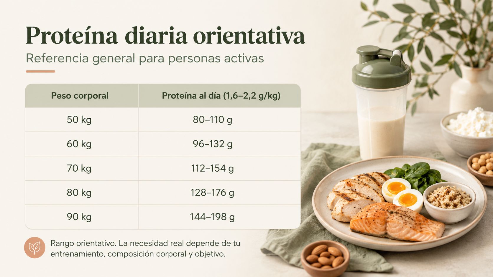 Proteína diaria orientativa según peso corporal para ganar masa muscular